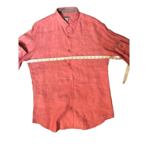 DKNY red/pink and white button down pure linen space dye chambray long sleeves - Picture 9 of 12